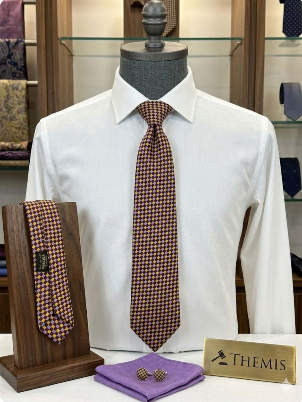 Trevira Checkered Pattern Necktie in Purple and Gold